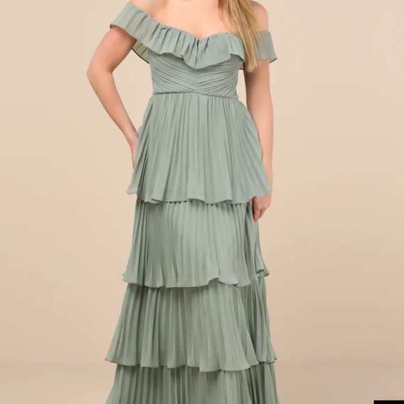 LulusAlways Remarkable Sage Brush Pleated Off-the-Shoulder Maxi Dress Bridesmaid - Picture 1 of 10